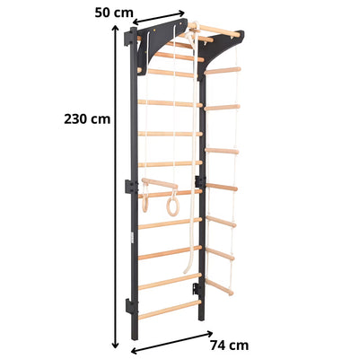 Sprossenwand STEEL KOM 2 Graphit mit Turnringen & Strickleiter – weitere Produktansicht 2 – RINAGYM