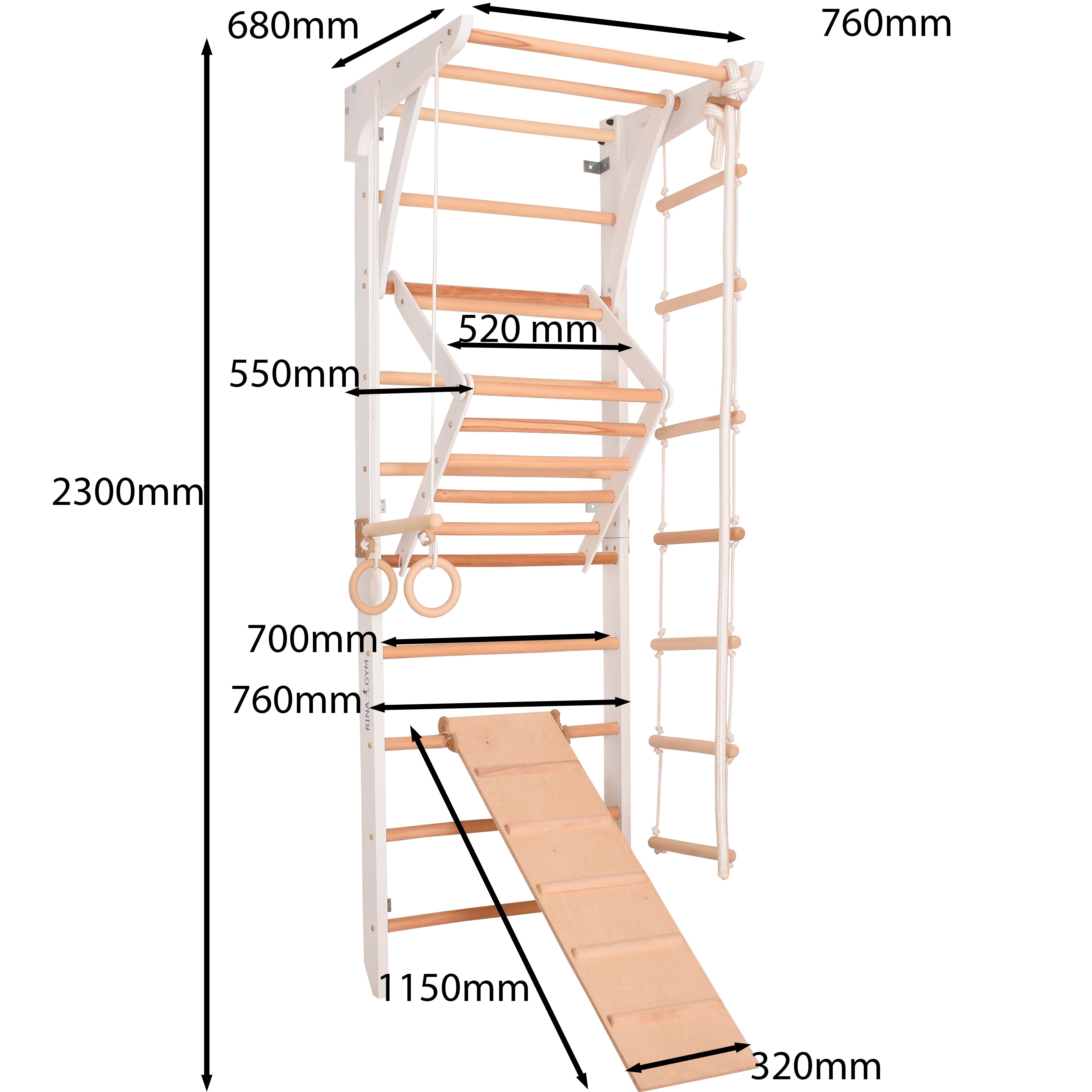 Sprossenwand Kinder 3 weiß mit Rutschbrett – weitere Produktansicht 2 – RINAGYM