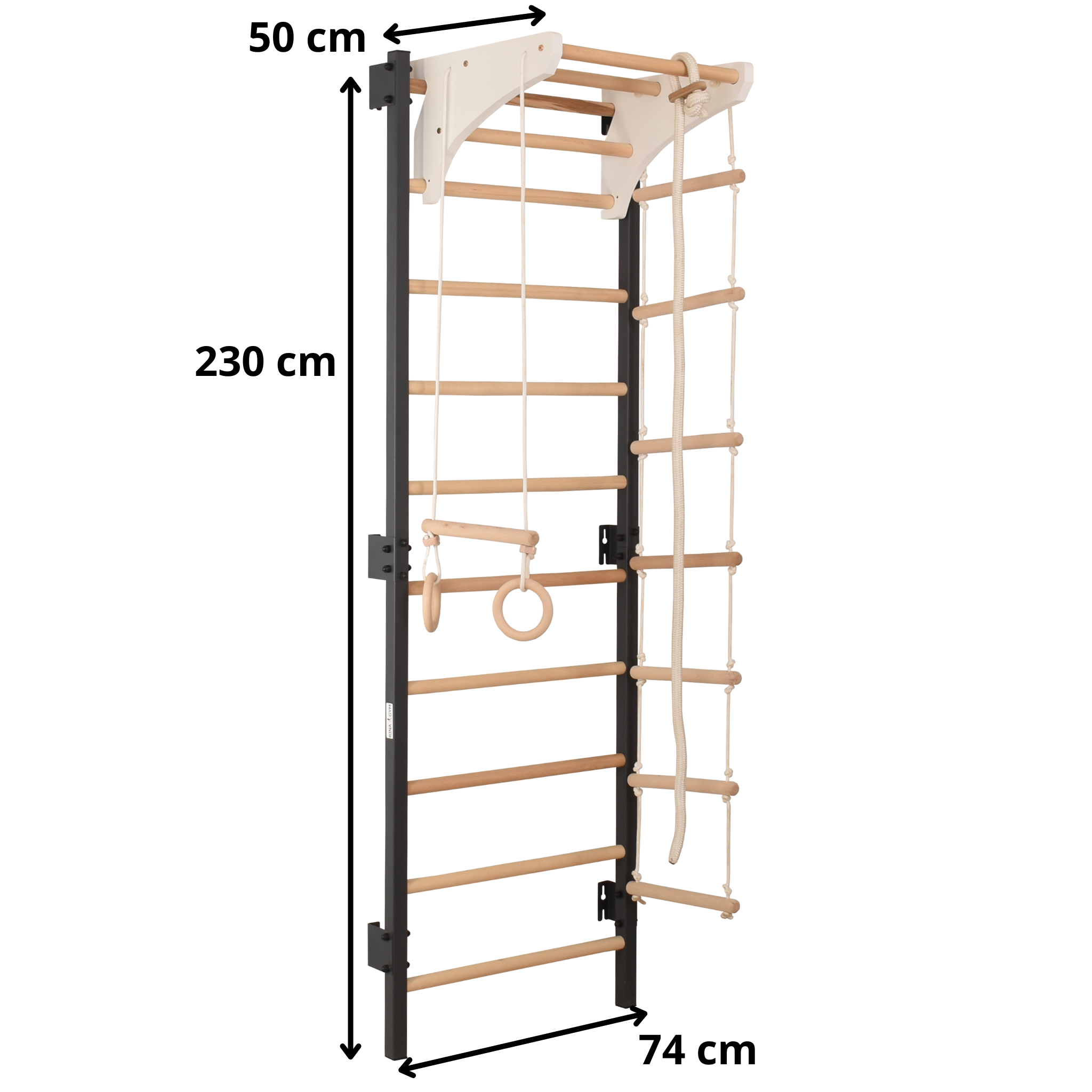 Sprossenwand STEEL KOM 2 Graphit mit Klimmzugstange & Ringen – weitere Produktansicht 2 – RINAGYM
