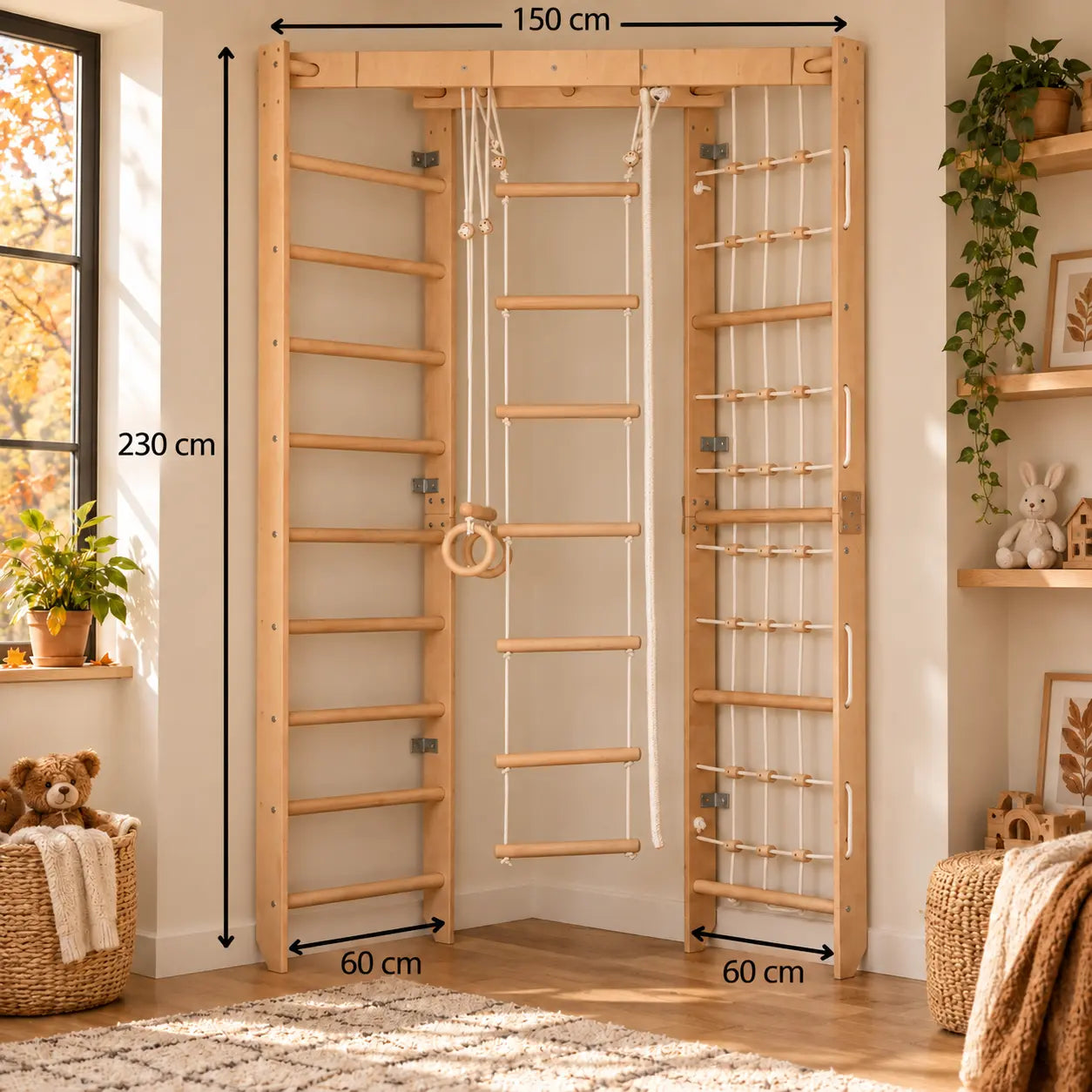 Indoor klimrek met wandrek, klimnet & hangladder – sporttoestel voor thuis voor het hele gezin, passend in elke kamer - SPR Corner Lack