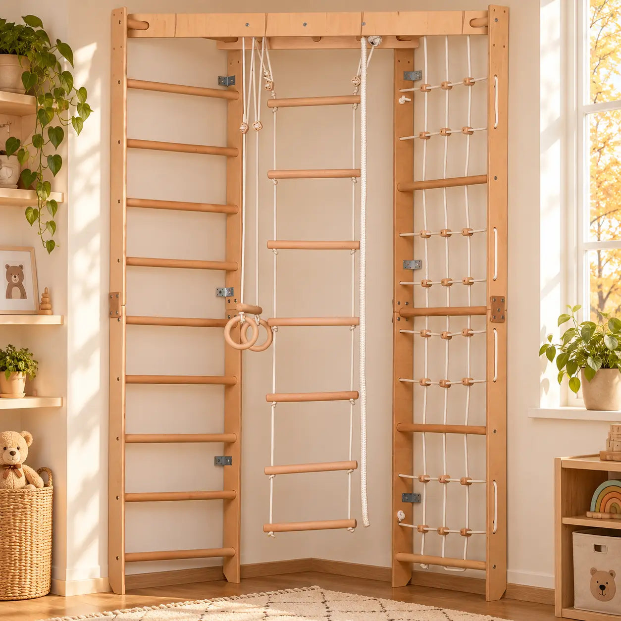 Indoor klimrek met wandrek, klimnet & hangladder – sporttoestel voor thuis voor het hele gezin, passend in elke kamer - SPR Corner Lack