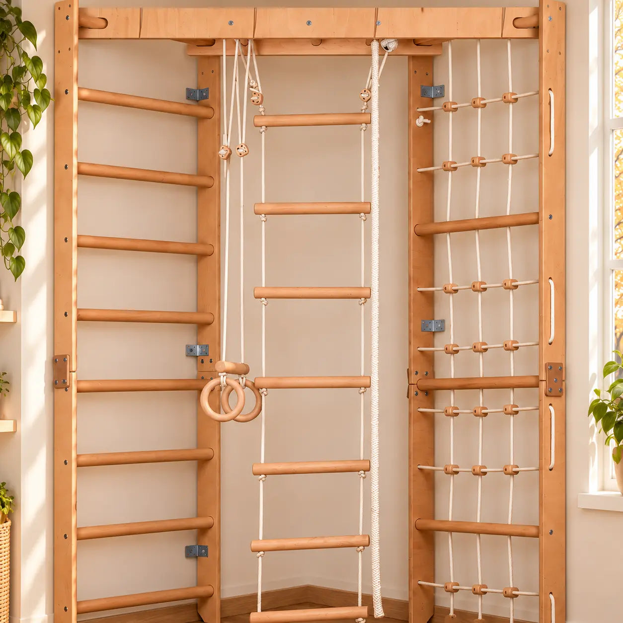 Indoor klimrek met wandrek, klimnet & hangladder – sporttoestel voor thuis voor het hele gezin, passend in elke kamer - SPR Corner Lack